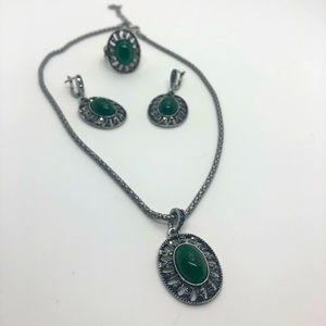 Green earring ring and necklace set
